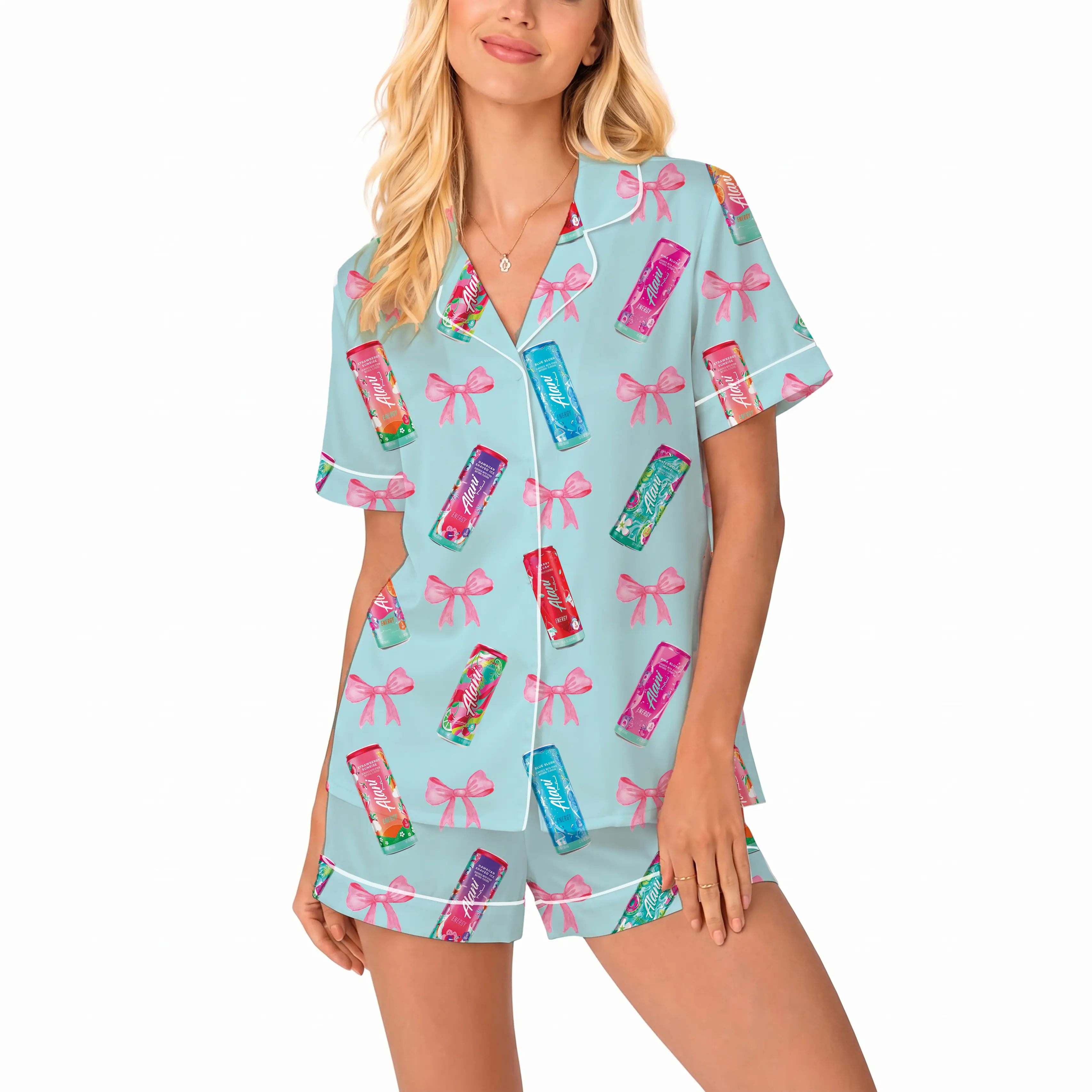 Alani Nu Lime Slush Satin Pajama Set, Cute Coquette Bow Pajamas, Energy Drink Aesthetic Sleepwear, Trendy Satin Loungewear, Gift for Her