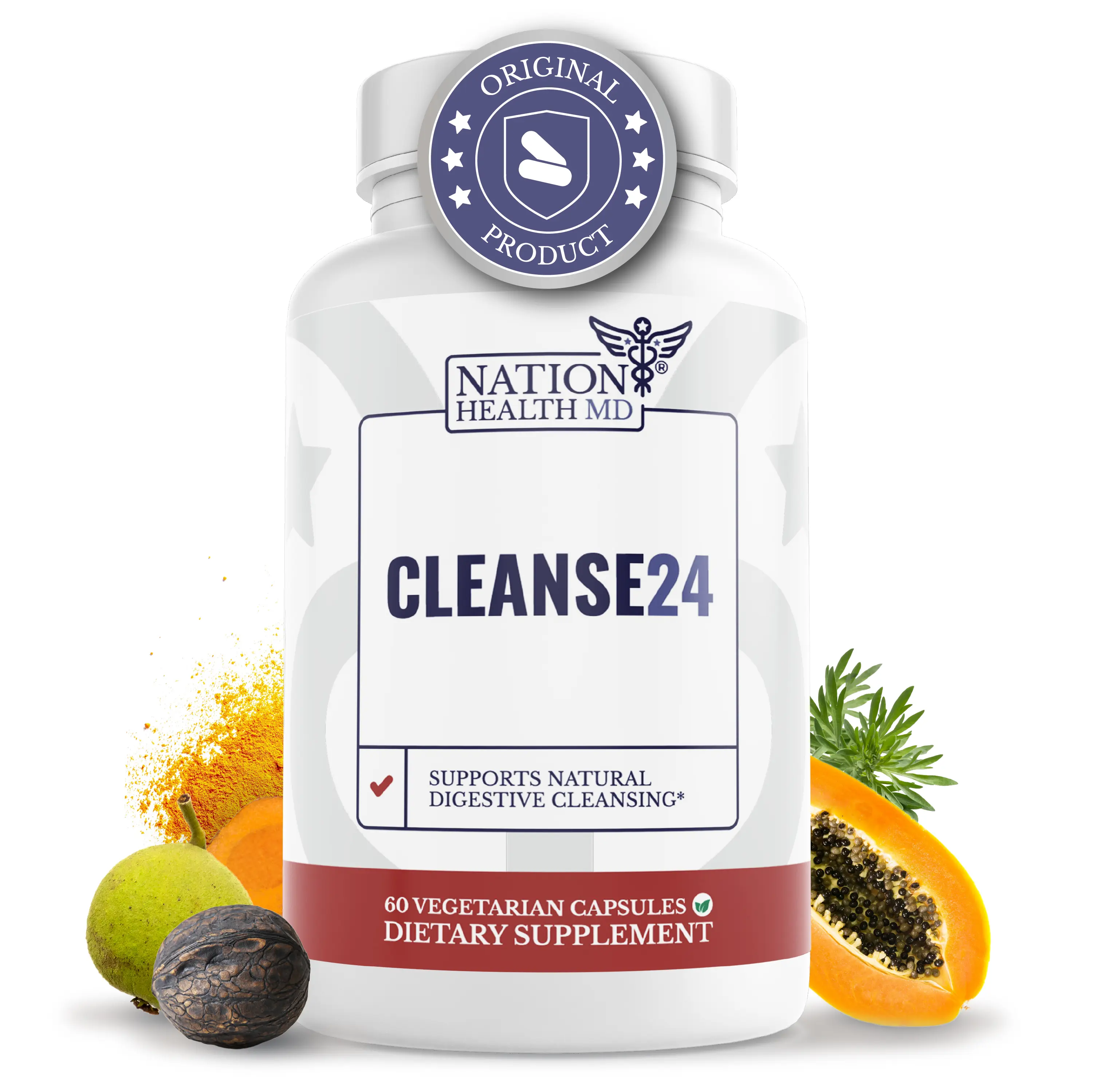 Cleanse24 Natural Digestive Cleansing Support Supplement by Nation Health MD - Intestinal Cleanse for Humans with Wormwood, Papaya, Black Walnut - Herbal Gut Cleanse & Detox for Men & Women, 60 Capsules