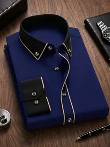 Men's Navy Formal Shirt, Wrinkle-Resistant, Unique Color Block Design, Long Sleeve Button-Up, Casual Business Wear, All Seasons