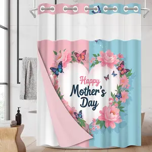 1pc 2D Flat Printing hookless shower curtain hanger liner Mother's Day Pink Blue Butterfly Flower Fabric waterproof lining shower curtain with transparent window, double-layer shower curtain, 71 x 74 inches, modern home curtain decoration