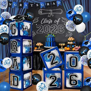 2026 Graduation Decorations - Blue Balloon Boxes with Letters 2026 Grad & So Proud of You and Blue Black White Print Balloons, Graduation Party Decorations Class of 2026 for Any Grades