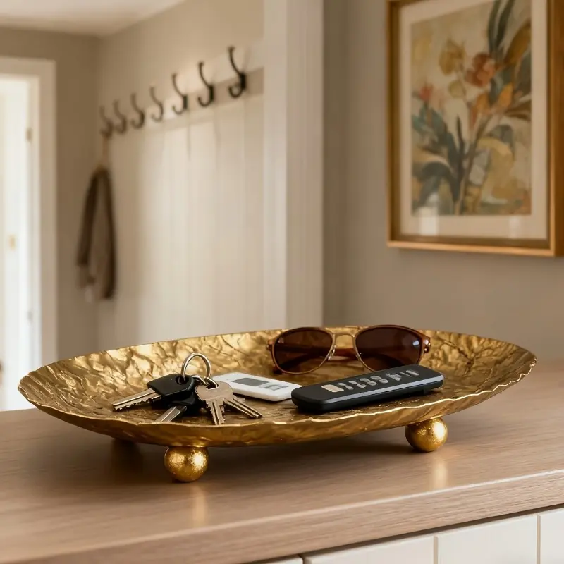 Handmade Hammered Gold Metal Storage Tray, 3-Leg Stable Design, Luxury Desktop Organizer & Decorative Tray, Versatile for Entryway, Bathroom & Bedroom, Elegant Home Decor, Ideal Gift for Mother's Day & Housewarming.
