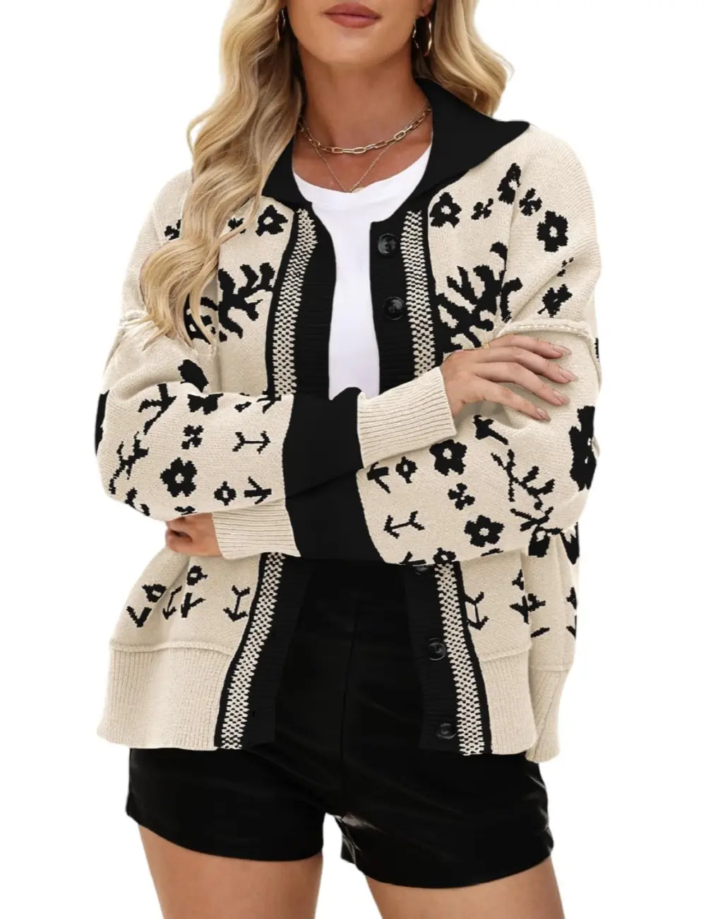 Ebossy Womens Cardigan Sweater Color Block Open Front Long Sleeve Button Down Knit Loose Short Cardigan Sweaters