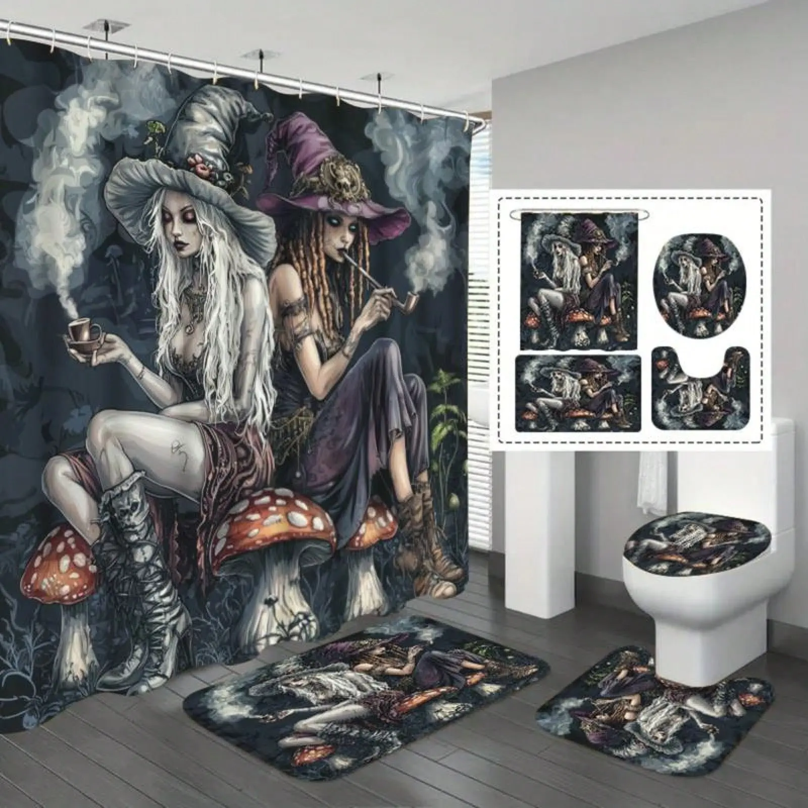 4pcs Mystic Witch Shower Curtain Set, Gothic Mushroom And Witch Print Bathroom Decor, Includes Bath Mat, U-Shaped Mat, Toilet Lid Cover, 70.87x70.87inch, Curtain With 12 Hooks, "Mystic Witch, Gothic Style". For Halloween, Bathroom Decor