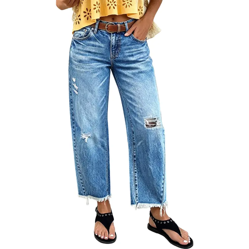 Flamingals Wash Raw Hem Ripped Mid Waist Straight Leg Crop Jeans Without Belt Stretchy 25.4'' Inseam