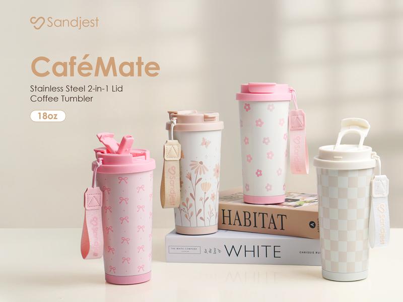 Sandjest 18oz Insulated Stainless Steel Coffee Tumbler, Reusable Iced Coffee Cup, 2-in-1 Lid Portable Travel Mug for Office Outdoor Christmas Gift