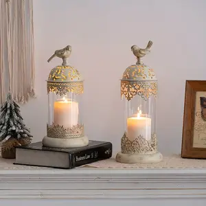 [Vintage Wrought Iron Candle Holder] 2pcs/set Moroccan Vintage Wrought Iron Candle Holder - Beige Ornate Centerpiece for Home Decorations, Table, Living Room, Balcony, Garden, Wedding Decorations