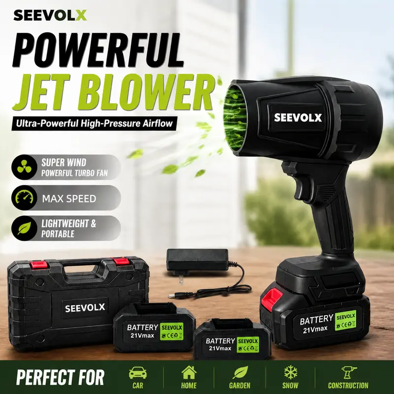 【Weekly Deals】SEEVOLX 1500G Brushless Handheld Cordless Turbo Jet Fan Battery Powered Blower Tool Kit, 2×21V Lithium Batteries & Charger, Portable Air Duster for Leaf, Lawn Care