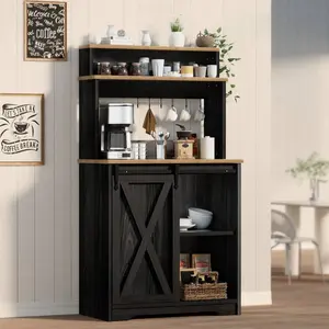 Farmhouse Coffee Bar Cabinet With 3 Tie Storage Hutch, 56 Inch Coffee Bar With 6 Hooks, White Small Coffee Station With Sliding Barn Door, Coffee Bar Table With Adjustable Shelves For Living Dining Room
