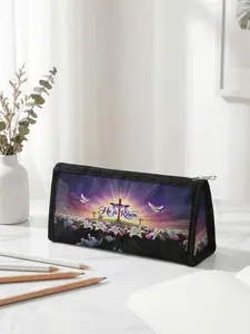 1 piece of Easter limited edition pencil case with 2D printed cross + HeisRisen, ergonomic triangular capacity for portable size|Perfect for students to use in class/office organization, blending festive atmosphere with practicality