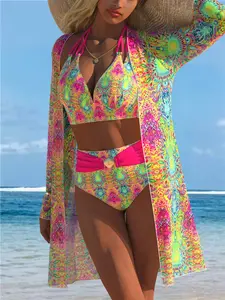 New European and American Women's Sexy Fashion Three-Piece Set, Sun Protection, Long Sleeve Mesh Print, Classic Split Triangle Bikini, Beach Poolwear, Printed Bikini