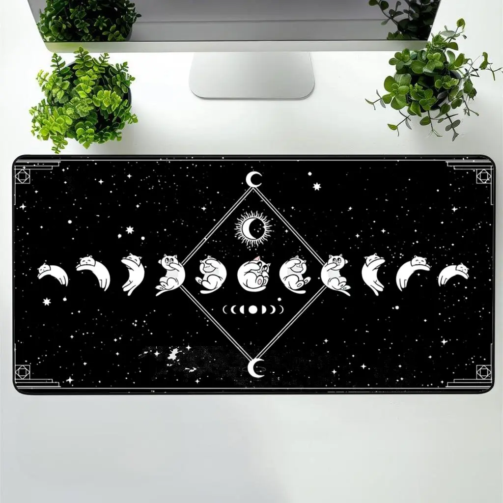 Funny Cat Moon Phases Mousepad, Celestial Desk Mat, Moon Lunar Chart, Stars Horoscope Desk Mat