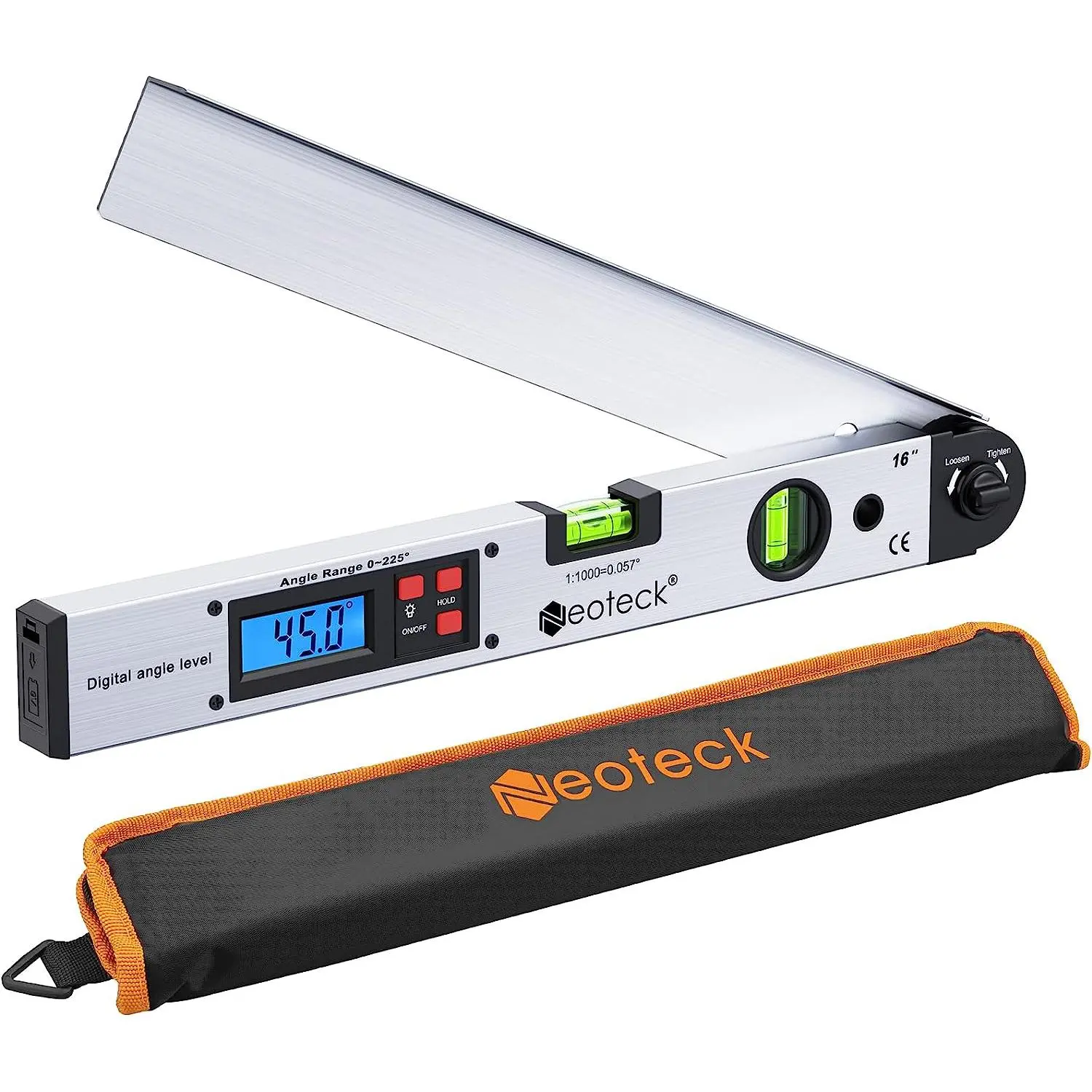 Neoteck Aluminum Digital Angle Finder Protractor 225° 16 inch Backlit LCD Digital with Horizontal and Vertical Bubble - Silver