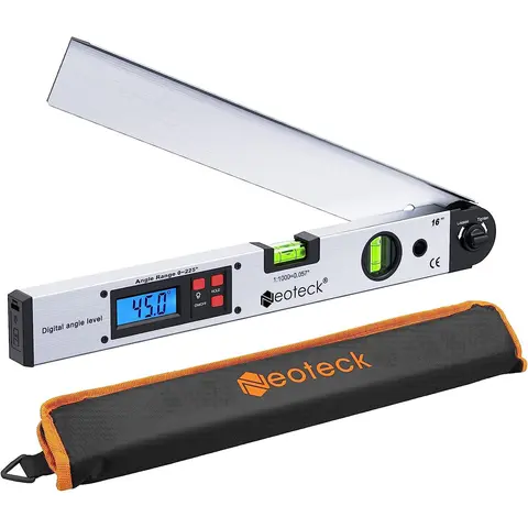 Neoteck Portable Aluminum Digital Angle Finder Protractor Tool - 225° Max Angle, 16 in, Backlit LCD, Check & Calibrate, Data Hold, Horizontal & Vertical Bubble Level, Silver, Batteries Included for Interior Designers, 225° Angle Max