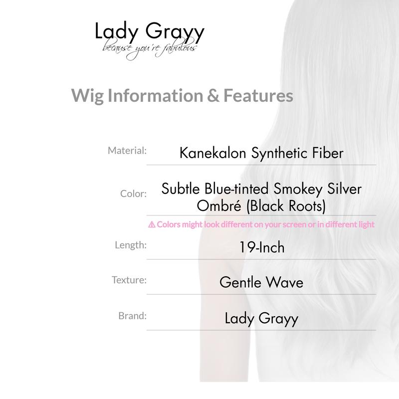 19-Inch Subtle Blue-tinted Smokey Silver Ombré (Black Roots) Gentle Wave Synthetic Wig | 【Heat Resistant】【Cap Included】 | FSGB