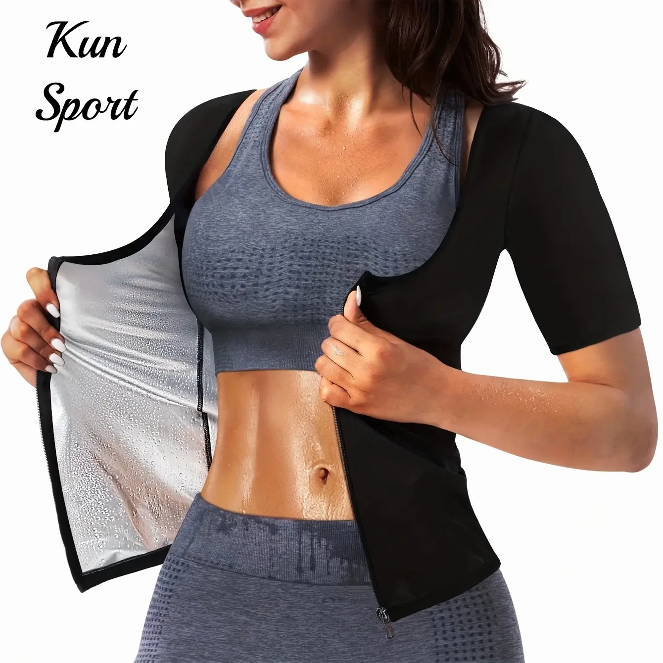 Women'S Short Sleeve Zip Up Solid Color Sauna Suit, Tummy Control Shaping Fitness Wear for Yoga Running, Sexy Workout Sportswear with Professional Sauna Effect