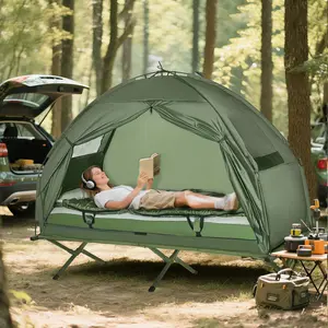 Multifunctional folding camping cot combo with tent sleeping bag thick air mattress foot pump carry bag for camping hiking deck overnight rest
