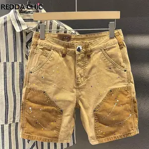 Nexus Garbs Grid Wardrobe Retro Stitch Denim Cargo Shorts Men Color Block Wash Low Waist Wide Leg Cropped Jeans Summer Casual Clothes Menswear Pants