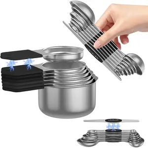 15 Piece Magnetic Measuring Cups and Spoons Set, 304 Stainless Steel Dual-sided Strong N52 Magnetic Nesting Design with Leveler for Dry & Liquid Ingredients, Black