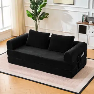 79" Convertible Sofa Bed, 5-in-1Boneless Couch for Living Room with 2 Pillows Corduroy Folding Sleeper Sofa Bed, Boneless Cloud Loveseat Futon Sofa Bed for Living Room Bedroom Lounge, Black