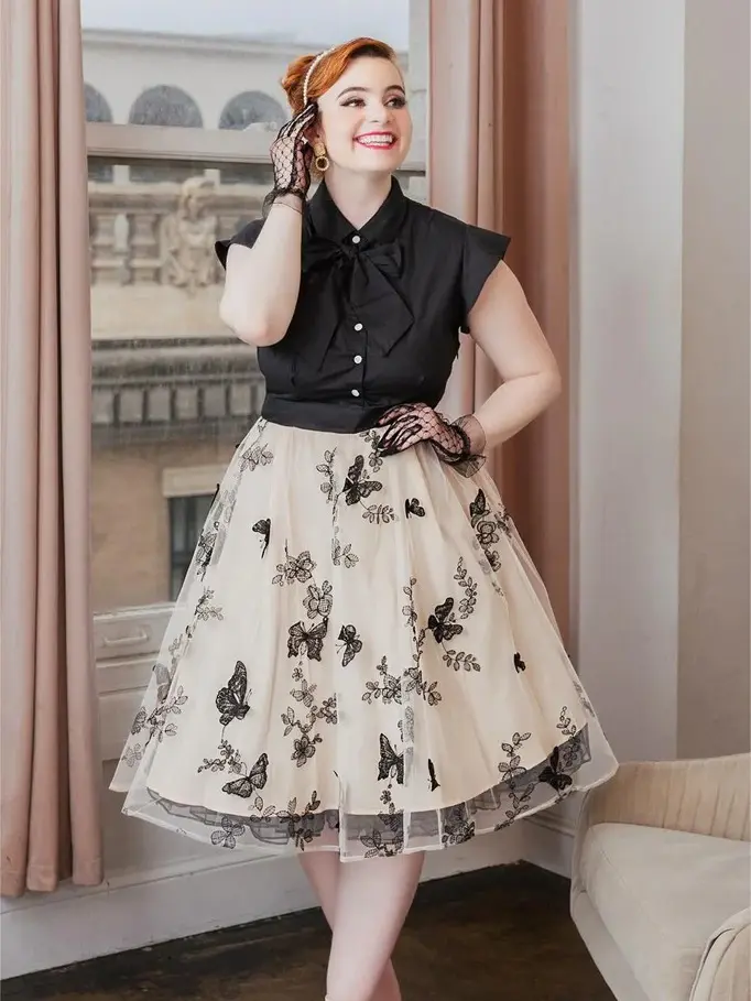 RETRO STAGE Women's Plus Size 1950s Vintage Floral Dress - Black,  Sleeveless, Butterfly Patchwork, Elegant Bow, Tulle Skirt, Knee-Length,  100% Polyester, Front Button Closure, Casual Boho Chic Women's Clothes,  Vintage Clothing -