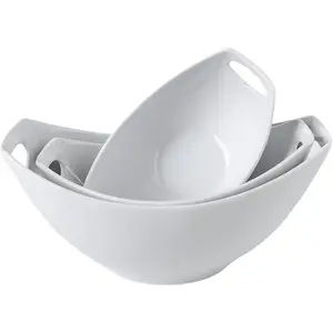 3 count Serving Bowls with Handle, Porcelain Serving Dishes, for Entertaining, Party, Housewarming, Christmas,  Shower, Microwave, and Dishwasher Safe, 15/28/ oz, White