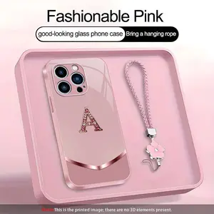 Suitable for [iPhone 13 Pro Max] high-end women's phone case🤩，a beautiful four-leaf clover lanyard is included🍀，simple yet sophisticated design, 26 English letters to choose from, printable patterns, non-glittery diamonds YM99