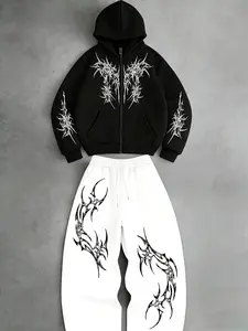 Dark Thorn Totem Zip Hoodie Set, Spring Casual Fitted Sweatshirt & Pants, Trendy Unisex Clothing