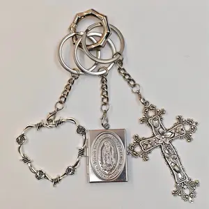 Vintage Cross Bag Charm – Thorned Heart, Guadalupe Medal & Cross Pendant on Bamboo Ring, Trendy Unisex Bag & Jeans Accessory