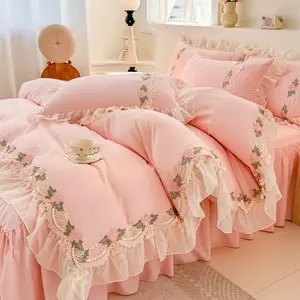 Floral Chic Lace Ruffled Bedding Set, 1 Duvet Cover + 1 Pillowcases Set,Girl French Princess Style Bedding-2 Piece Twin Duvet Cover with Zipper Closure -Ultra Soft and Light Weight-No Comforter