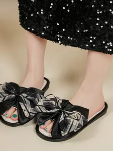 Butterfly Knot Home Slippers, Satin Fabric Non-Slip Flat Sole, Open Toe All-Season Slipper, Comfortable Indoor Footwear