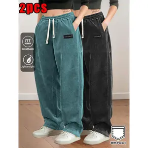 2pcs Women's Corduroy Pants with Elastic Drawstring Waist & Rear Pockets - Straight Leg Full-Length Trousers, Solid Color Casual Wear for All-Season (Corduroy Fabric) - Hand Washable Non-Stretch Pants