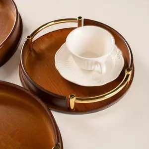 1pc, Bamboo Wood Round Brown Serving Tray Set with Handles, Stackable Circle Ottoman Trays for Eating, Entertaining, Decorating, And Organizing, Non-Food Contact