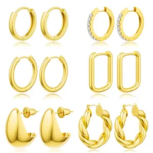 Tewiky 6 Pairs Gold Hoop Zircon Earrings Set for Women: Trendy 14k Gold Plated Lightweight Chunky Hoop  Earrings Thick Hypoallergenic Open Twisted Huggie Hoops Earring Pack Jewelry For Valentine's Day gifts