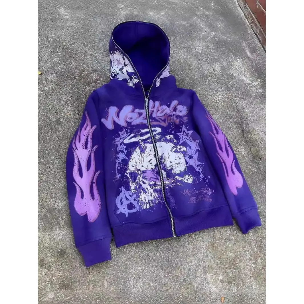 Flame Graphic Full Zip Hoodie: Harajuku Street Fashion Y2K Jacket - Retro Sportswear,Men's Oversized Dark-Style Streetwear Hip-Hop Hoodie, Menswear Sweatshirt,Sweatshirts