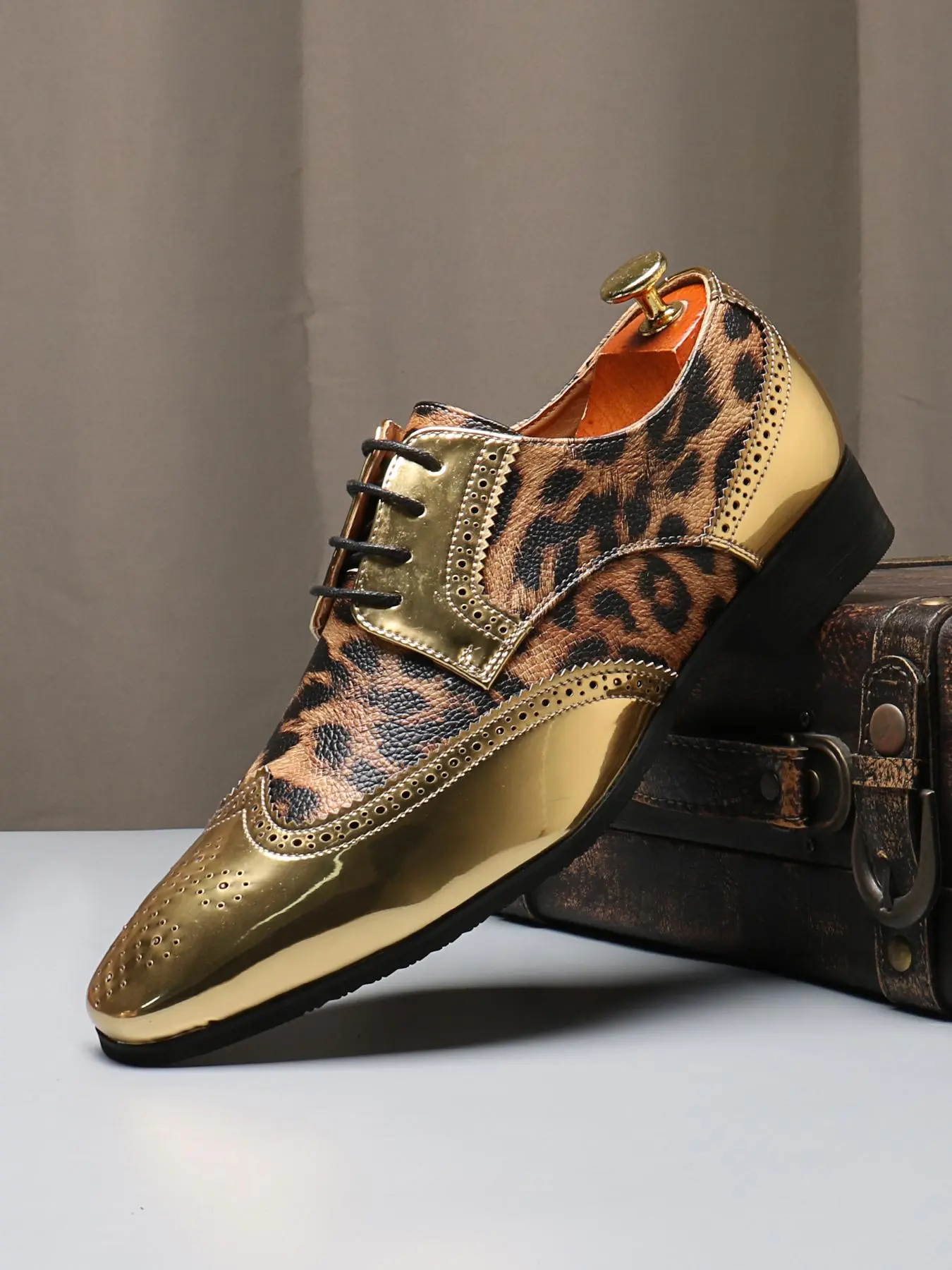 Men's Fashion Leopard Print Lace Up Dress Shoes, Business Style Square Toe Shoes for Party, Daily Clothing Decor for Men Footwear, PU Leather Shoes