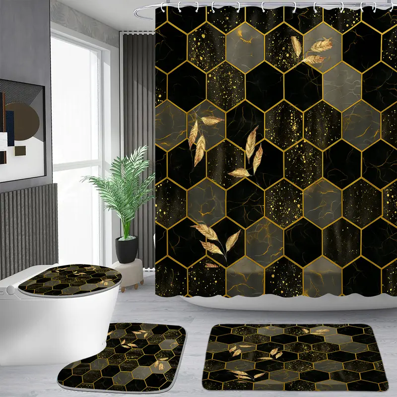 Bathroom Decor Set - Classic Geometric Hexagonal Black-Gold 3D High-Definition Pattern Shower Curtain Sets with 12 Hooks, Non-Slip Bath Carpet, Adjustable U-Shape Toilet Mat, Toilet Seat Cover, Waterproof, Ideal Moving Gift, Beautiful Bathroom Curtains