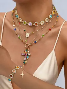 5 Piece Rhinestone Jewelry Set, Elegant Cross Pendant Y-Shape Layered Necklace Bracelet Set, Women's Daily Wear Party Gift
