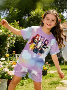 Girl group idol gradient suit digital printed set, sweet and lovely casual clothing, suitable for daily and outdoor sports T-shirt and shorts set, a perfect gift for girls, Casual Summer Set