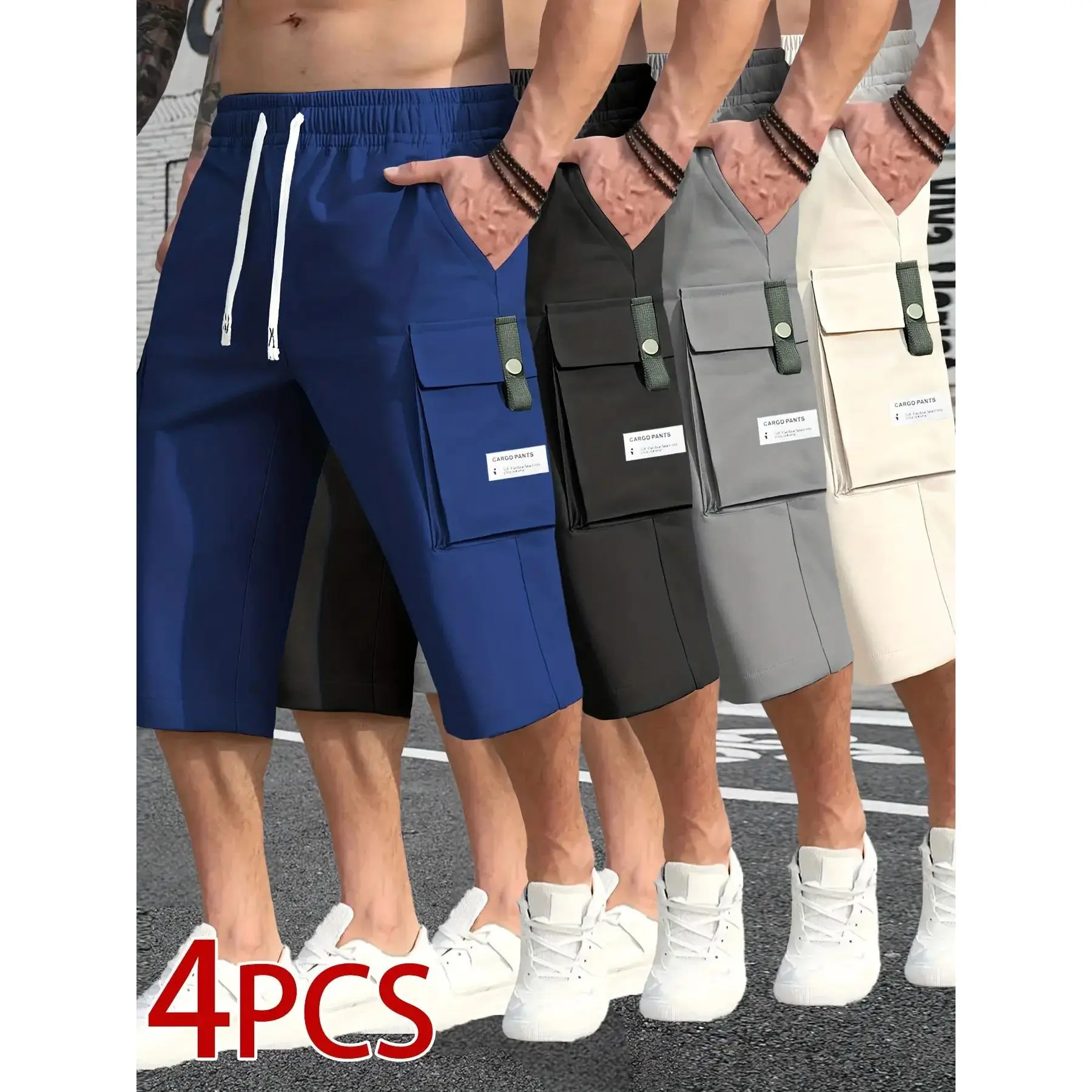 Men's Street Style Cargo Shorts, Baggy Fit Letter Print Bottoms with Drawstring and Large Pockets for Summer, Menswear, Mens Clothing, Letters, Mid Waist, Hangable, Loose-Fit, Athletic, Bermuda Shorts