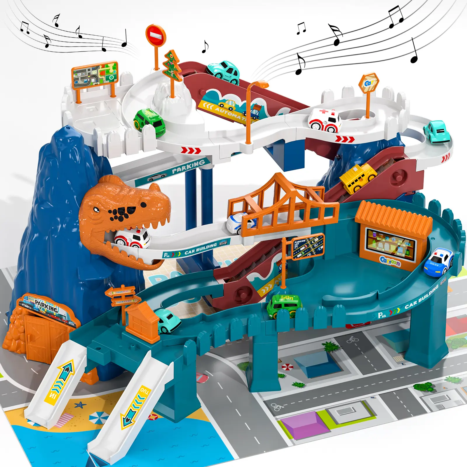 BPA-Free Dinosaur Racing Parking Garage Track Toy for Ages 3-4, Science STEM Learning Multi-Level Track with Electric Ramp, Dinosaur Tunnels, Bridges, Road Accessories, 10 Mini Cars - Kids' Developmental Educational Role-Play Gift