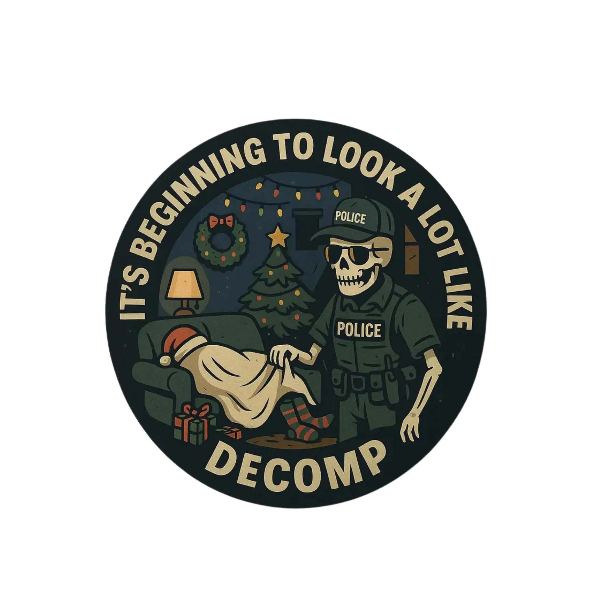 Christmas Decomp Police, Dark Holiday Humor Sticker, Funny Forensics Meme, Gothic Xmas Art