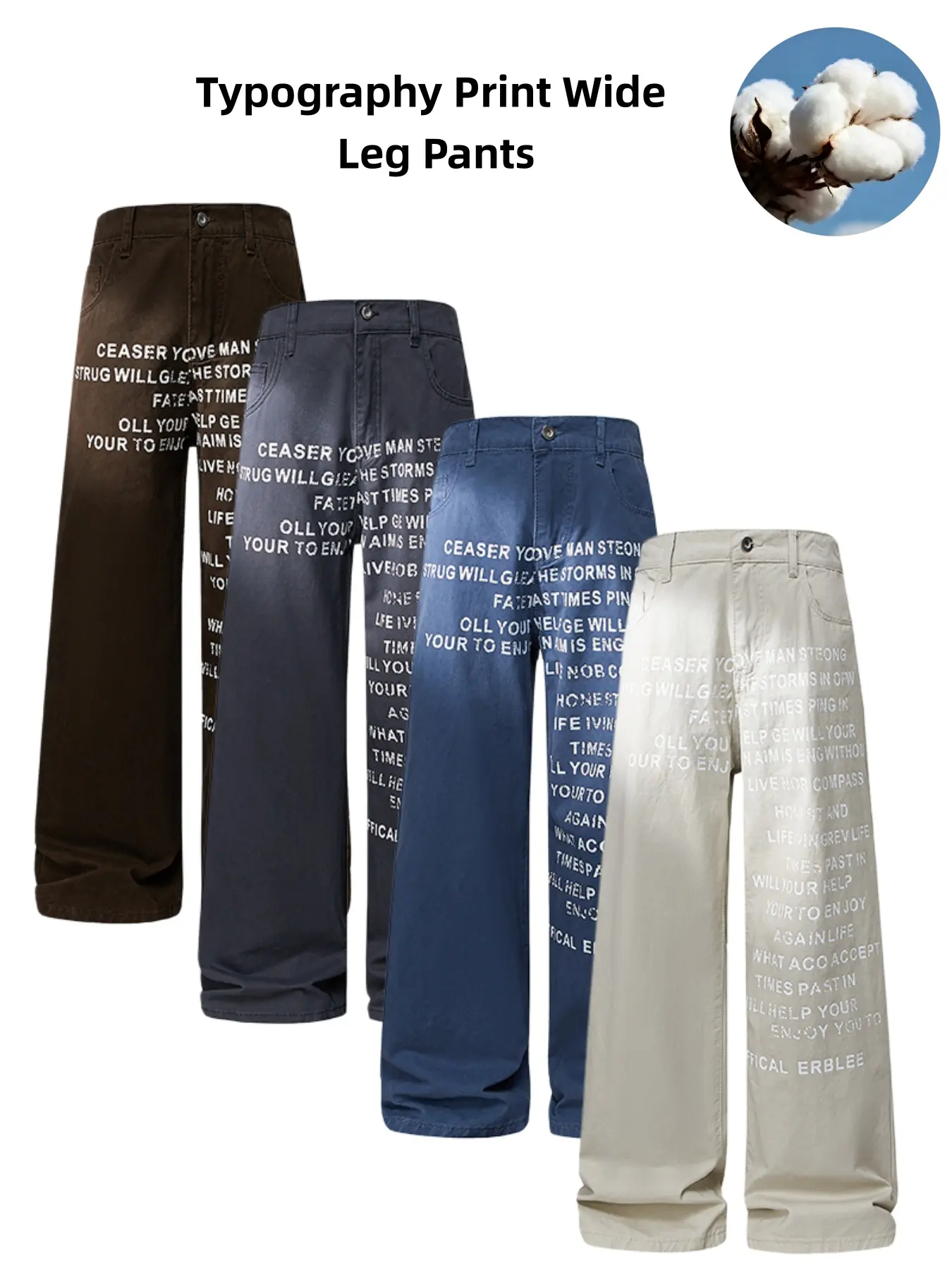 Men's Typography Text Print Wide Leg Cotton Pants, Letter Graphic Loose Straight Casual Trousers, Streetwear Statement Printed Bottoms, Vintage Relaxed Fit Multi-Option Pants For Urban Hip Hop Daily Outfits