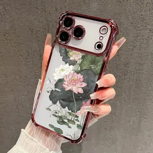 Elegant Lotus Flowers Pattern Four Corner Anti-Fall Phone Case Transparent Electroplated Protective Cover,phone Case Suitable for Iphone 11/12/13/14/15/16/17 Pro Promax Plus Air and Samsung S22/S23/S24/S25 Plus Ultra Fe
