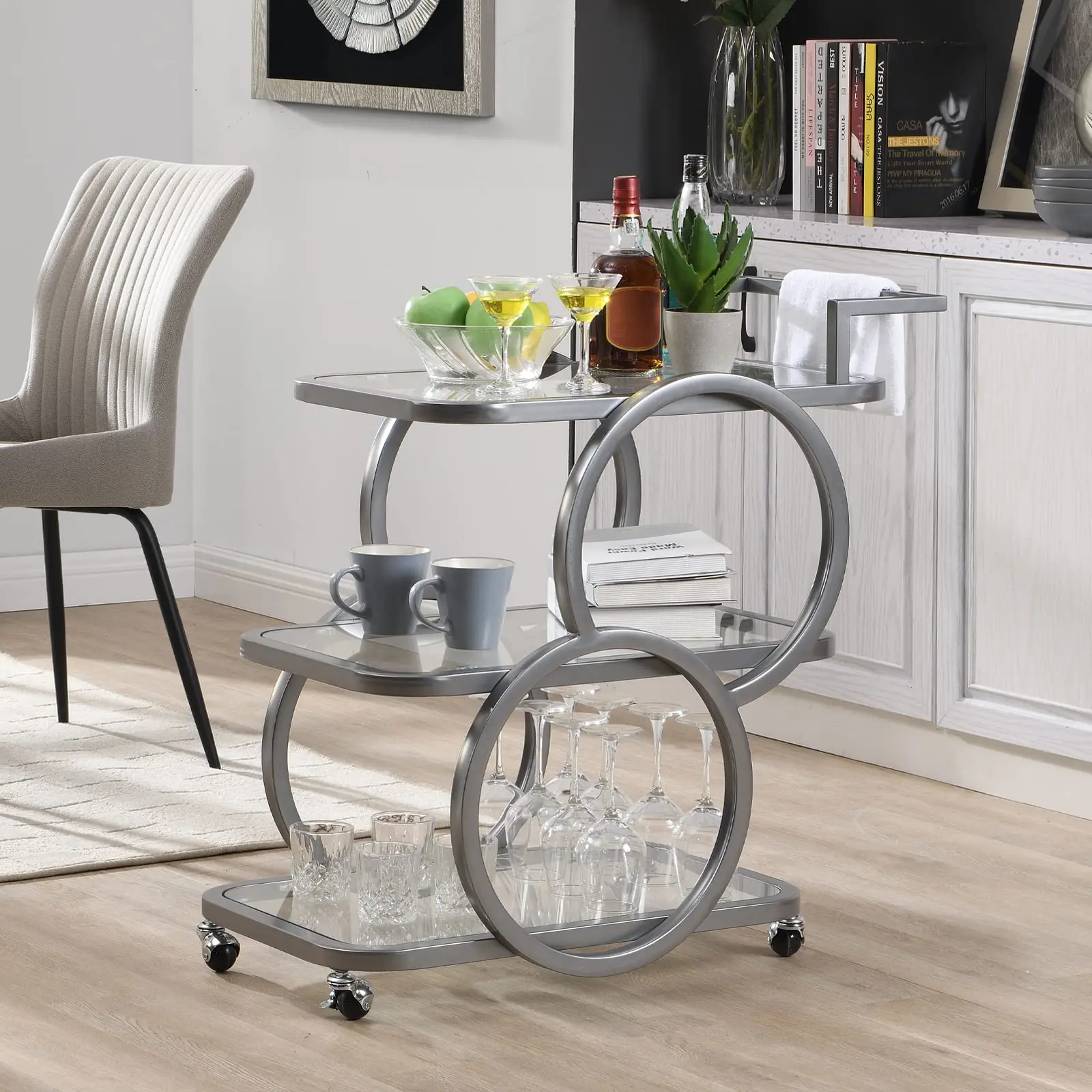 Home Bar Serving Carts 3 Tier Kitchen Carts on Wheels Mobile Bar Carts for Home Kitchen Dining Room Living Room Party, Silver Grey Metal Organiser
