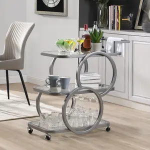 Home Bar Serving Carts 3 Tier Kitchen Carts on Wheels Mobile Bar Carts for Home Kitchen Dining Room Living Room Party, Silver Grey Metal Organiser