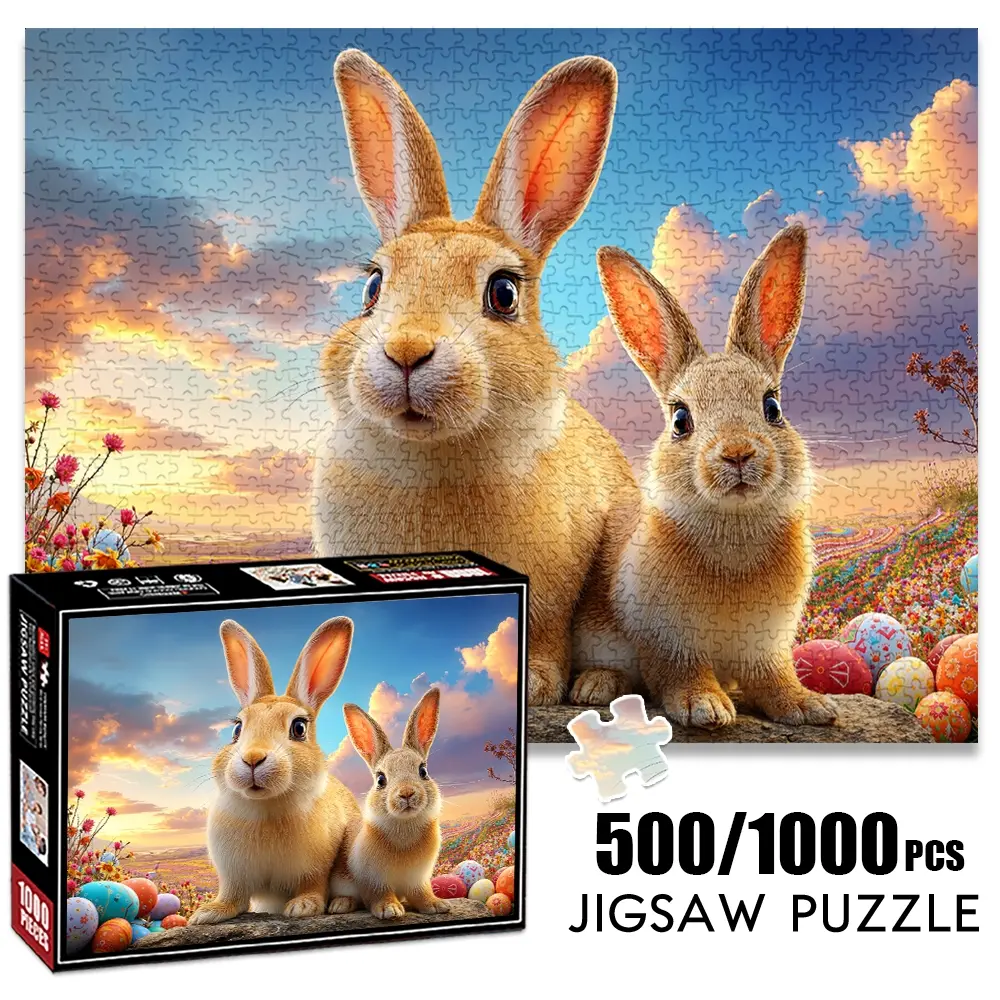 1pc 1000 piece adult puzzle 70x50cm Two Rabbits with Colorful Easter Eggs in Flower - Filled Landscape 500 pieces of paper jigsaw puzzle, suitable for adults and families, large-scale DIY puzzle