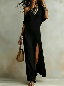 Elegant Asymmetrical Shoulder Long Dress, Minimalist High-End Design, Textured Flowing Fabric, Perfect for Formal Occasions