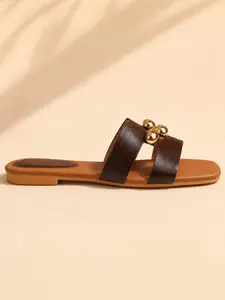 Summer Wine Sandals for Women, Casual PU Leather Square Toe, Above Ankle Rubber Sole, Beaded Decor, Versatile Flat Sandals