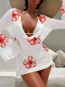 Three-Piece Set Women's Floral Print Bikini Cover Up & Swimsuit Set, Casual Long Sleeve Cover Up & Swimsuit Set for Beach Holiday Vacation, Ladies Swimwear for All Seasons, Swimsuit Cover Ups